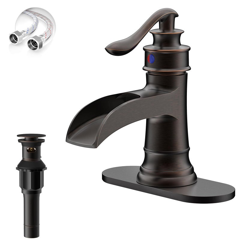 BATHLAVISH Oil Rubbed Bronze Waterfall Bathroom Faucet, Single Handle Bathroom Sink Faucet 1 Hole or 3 Hole, Vanity Sink Faucet for Vintage Antique Lavatory Washroom with Pop Up Drain, Deck, 2 Hoses - Image 1